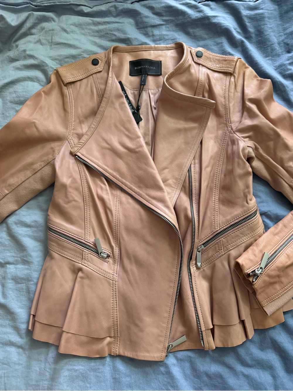 BCBGMAXAZRIA Valentina Blush Nude Leather Peplum Moto Jacket M NWT
